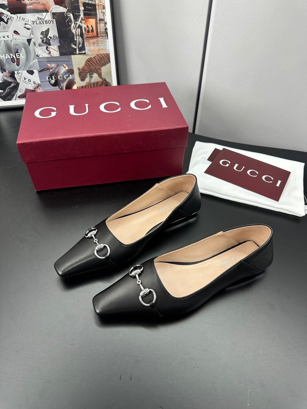 GUCCI 26S VITTORIA BALLERINA SHOES IN BLACK CALFSKIN