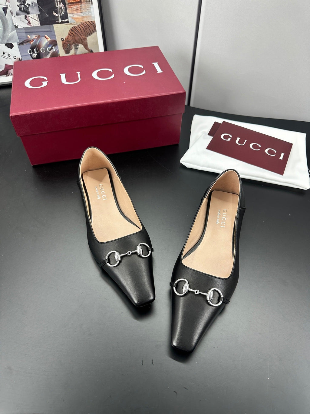 GUCCI 26S VITTORIA BALLERINA SHOES IN BLACK CALFSKIN