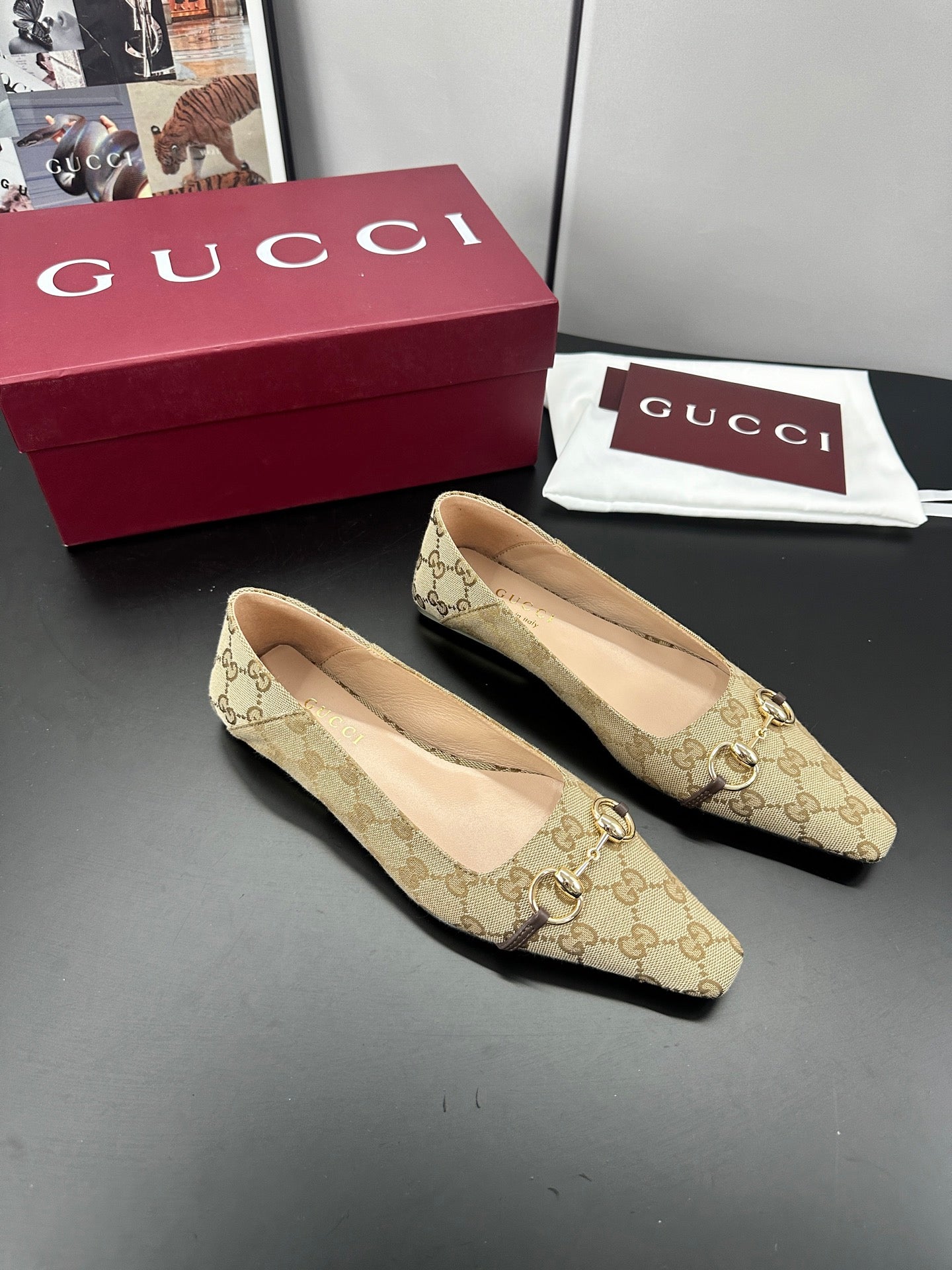 GUCCI 26S VITTORIA BALLERINA SHOES IN DARK BEIGE CANVAS