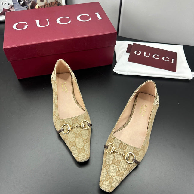 GUCCI 26S VITTORIA BALLERINA SHOES IN DARK BEIGE CANVAS