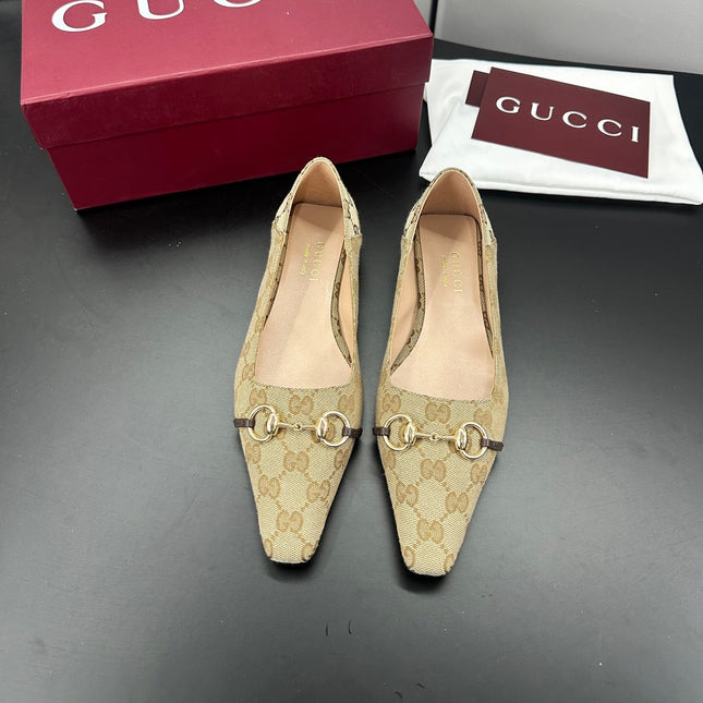 GUCCI 26S VITTORIA BALLERINA SHOES IN DARK BEIGE CANVAS