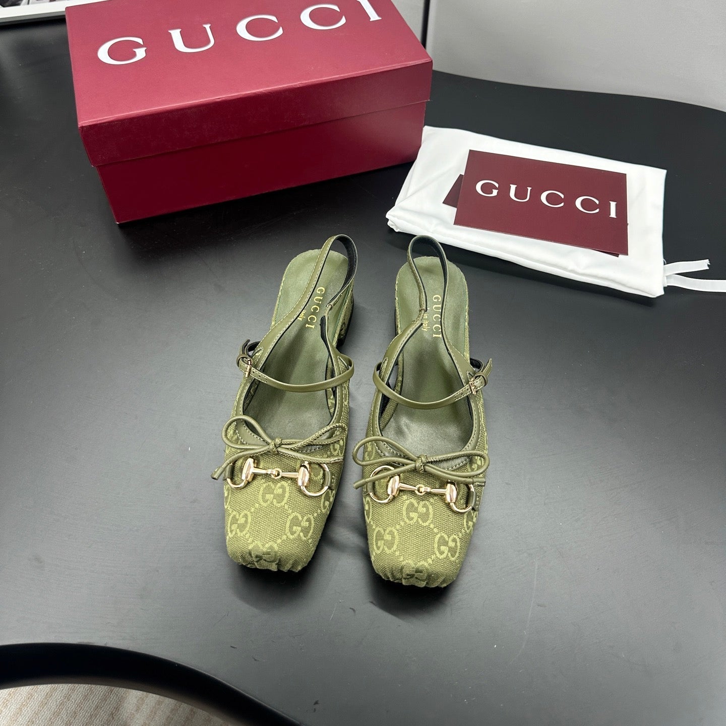 GUCCI 26S SLINGBACK 25 MM IN MOSS GREEN CANVAS