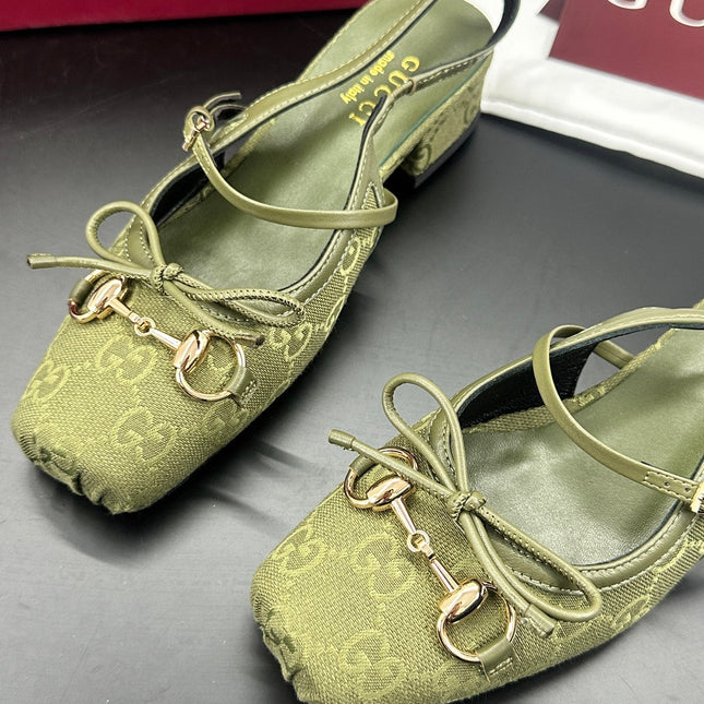 GUCCI 26S SLINGBACK 25 MM IN MOSS GREEN CANVAS