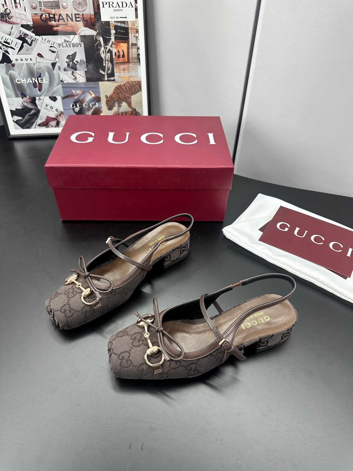 GUCCI 26S SLINGBACK 25 MM IN TAUPE BROWN CANVAS