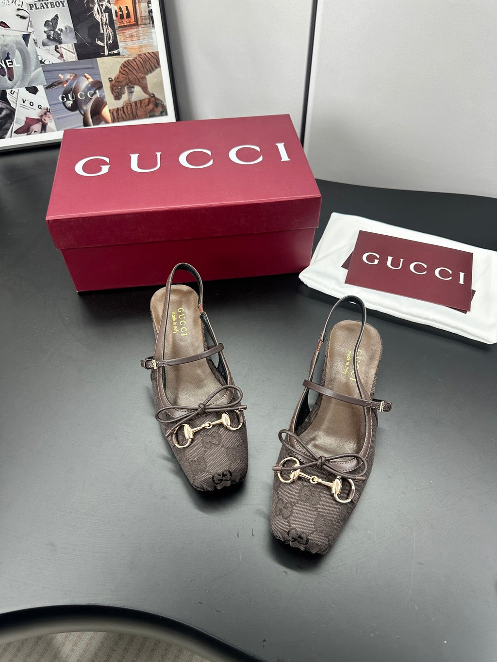 GUCCI 26S SLINGBACK 25 MM IN TAUPE BROWN CANVAS
