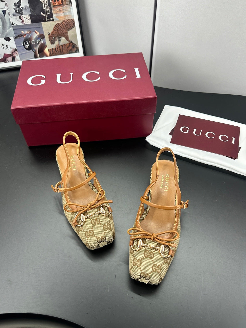 GUCCI 26S SLINGBACK 25 MM IN DARK BEIGE CANVAS