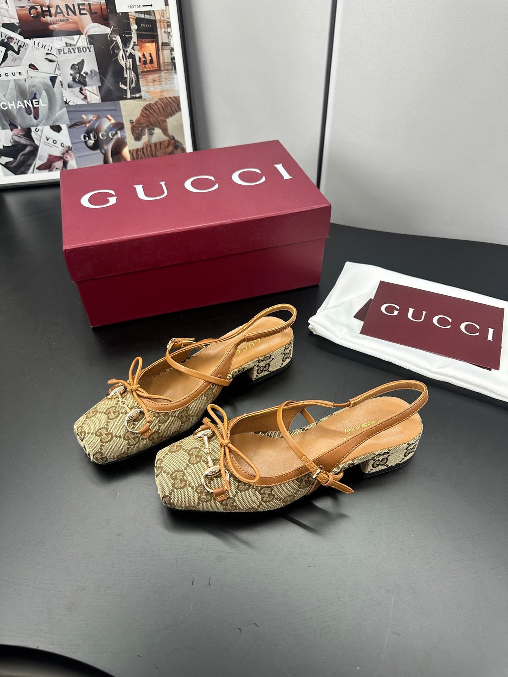 GUCCI 26S SLINGBACK 25 MM IN DARK BEIGE CANVAS