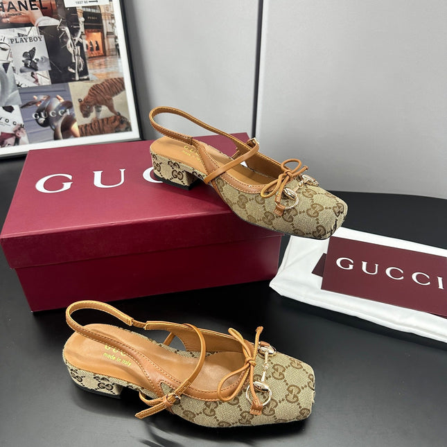GUCCI 26S SLINGBACK 25 MM IN DARK BEIGE CANVAS