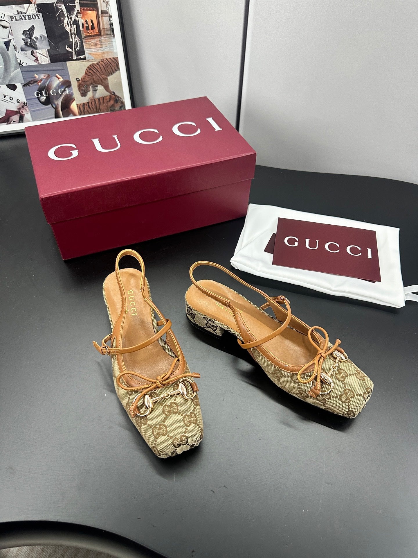 GUCCI 26S SLINGBACK 25 MM IN DARK BEIGE CANVAS