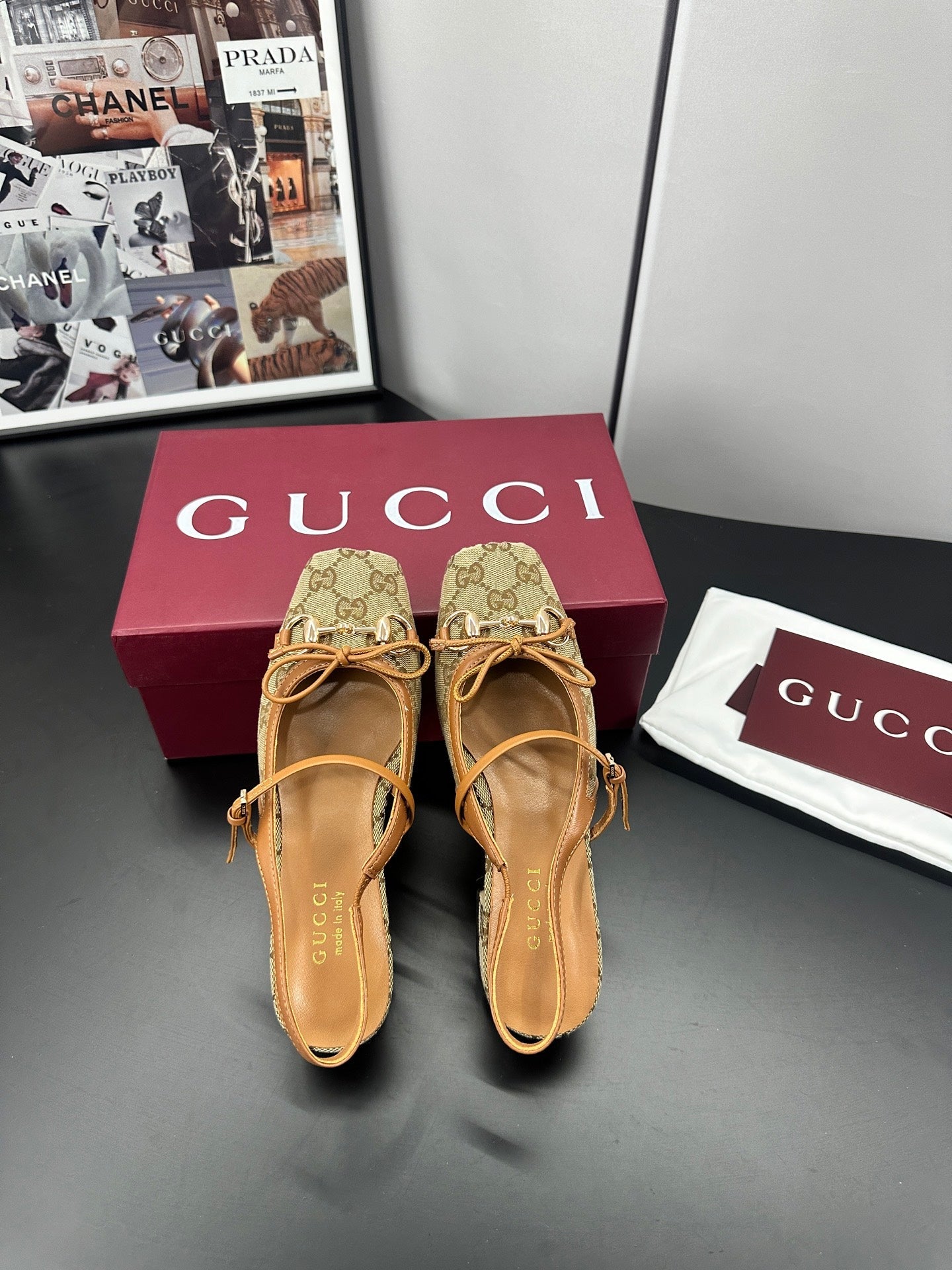 GUCCI 26S SLINGBACK 25 MM IN DARK BEIGE CANVAS