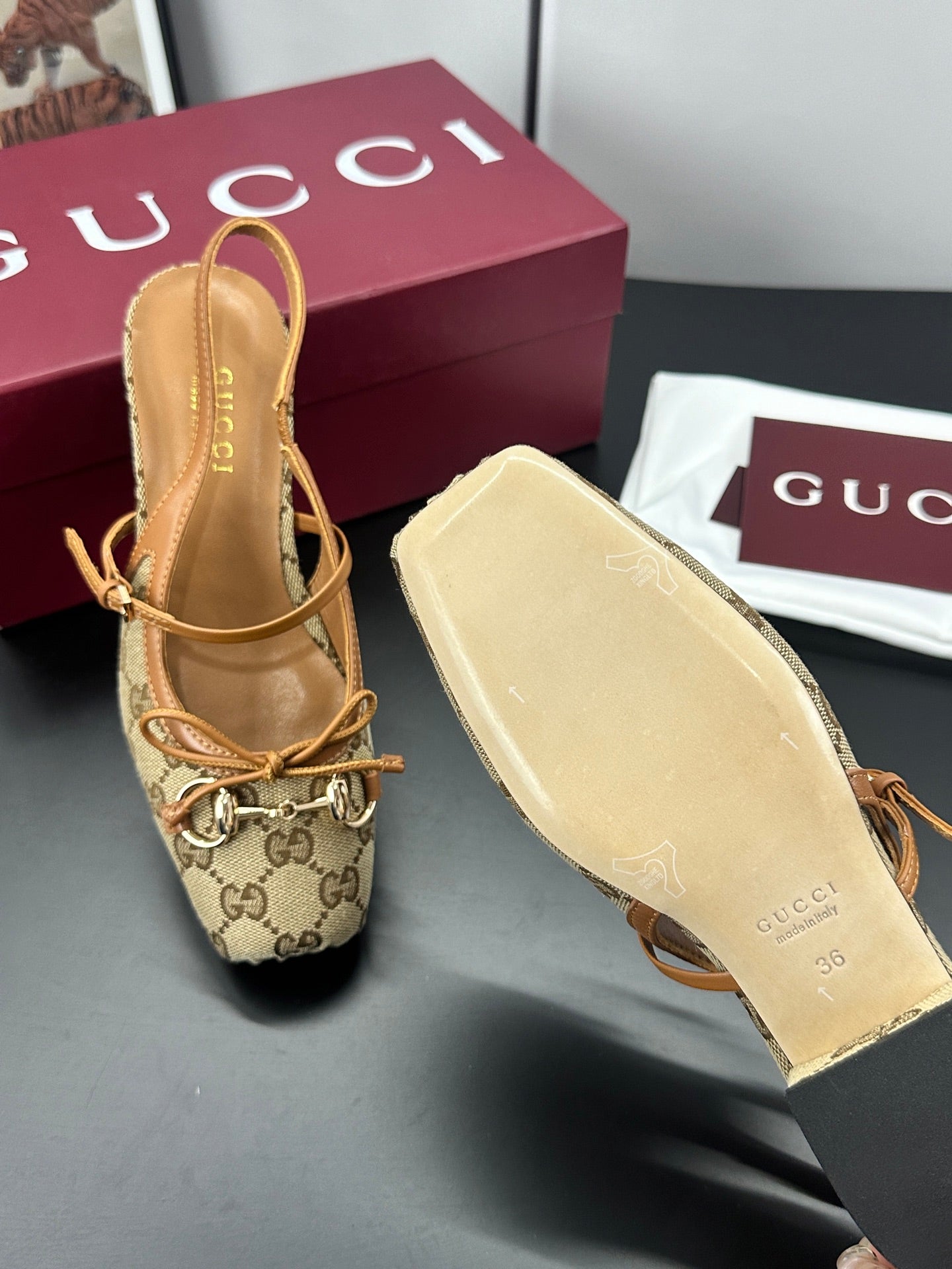 GUCCI 26S SLINGBACK 25 MM IN DARK BEIGE CANVAS