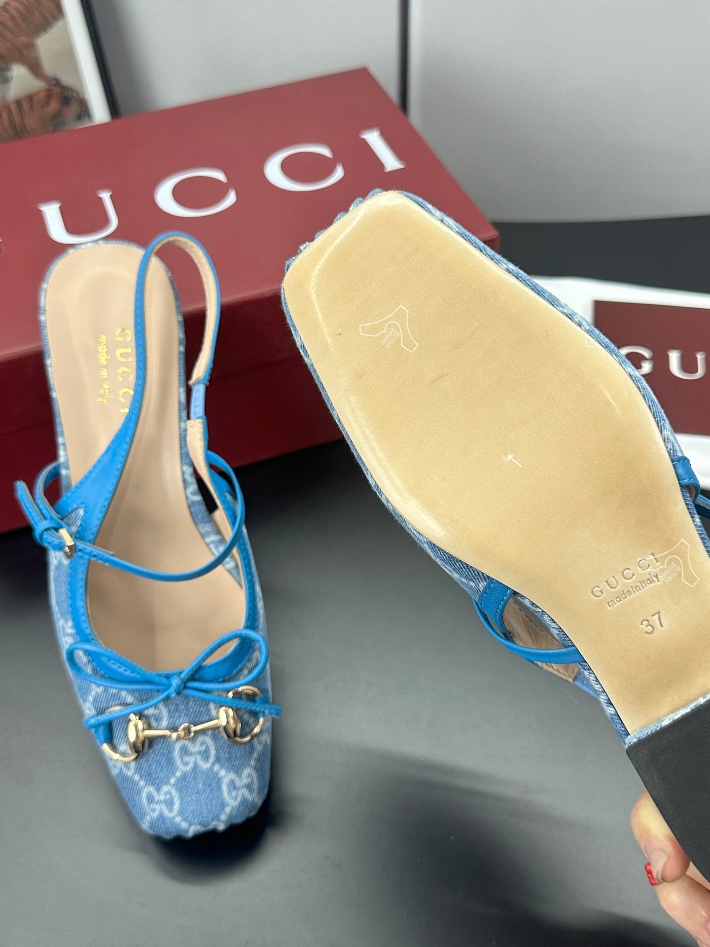 GUCCI 26S SLINGBACK 25 MM IN BLUE DENIM