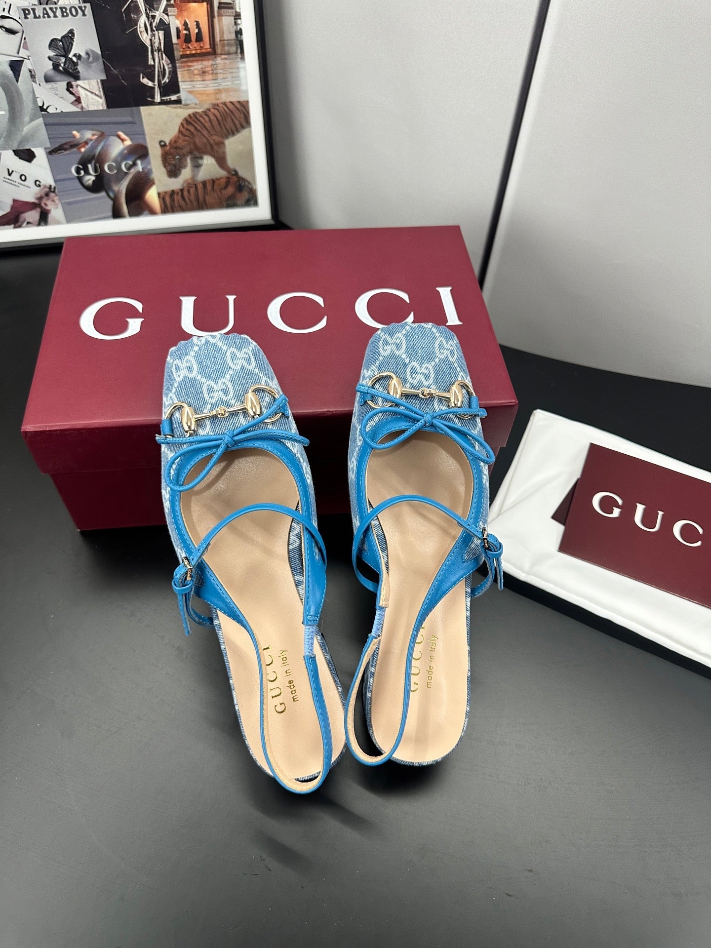 GUCCI 26S SLINGBACK 25 MM IN BLUE DENIM