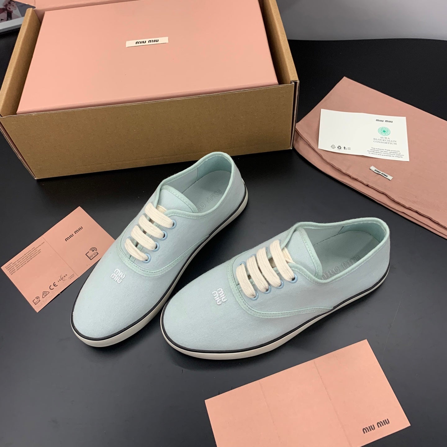 MIUMIU 26S LACE UP SNEAKERS IN PALE MINT CANVAS RUBBER SOLE