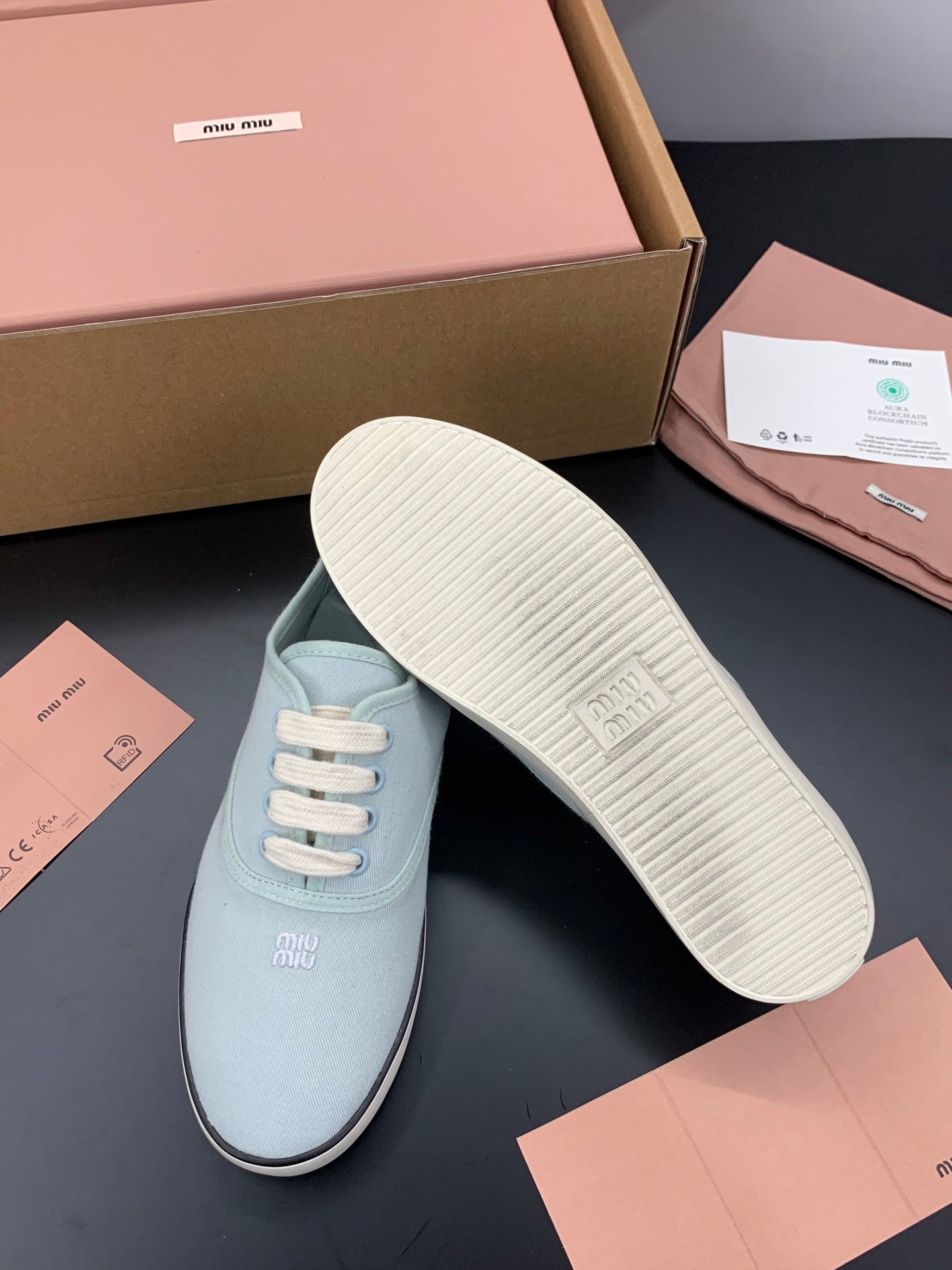 MIUMIU 26S LACE UP SNEAKERS IN PALE MINT CANVAS RUBBER SOLE