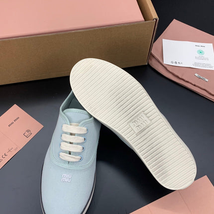 MIUMIU 26S LACE UP SNEAKERS IN PALE MINT CANVAS RUBBER SOLE