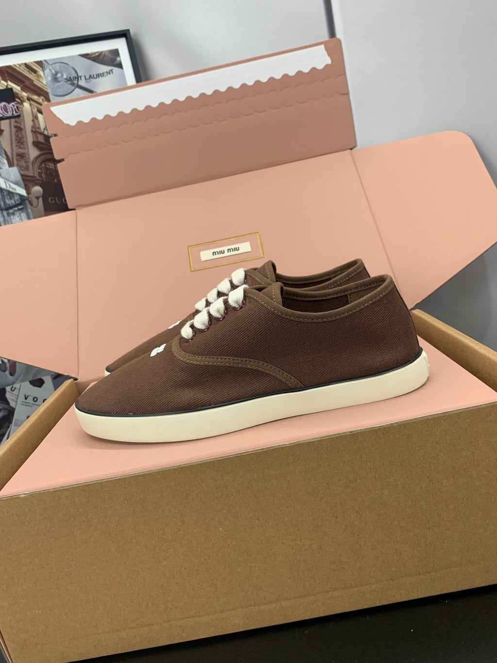 MIUMIU 26S LACE UP SNEAKERS IN DARK BROWN CANVAS RUBBER SOLE