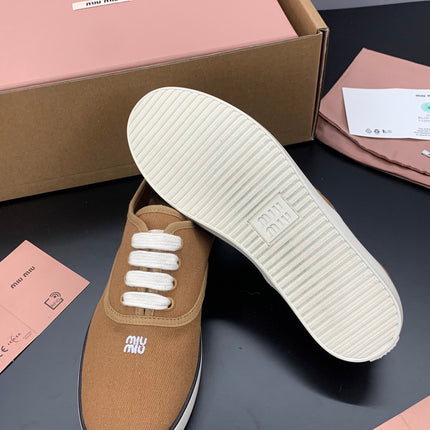 MIUMIU 26S LACE UP SNEAKERS IN CARAMEL BROWN CANVAS RUBBER SOLE
