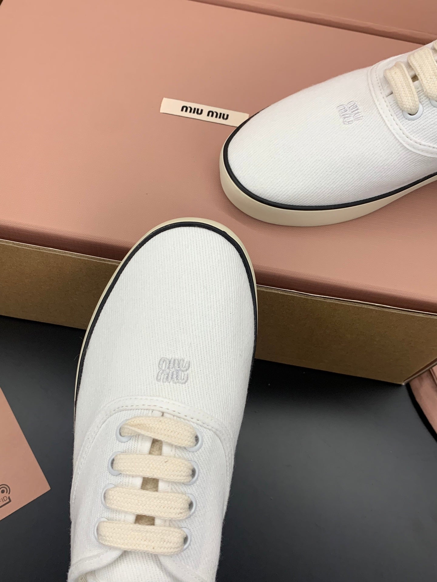 MIUMIU 26S LACE UP SNEAKERS IN WHITE CANVAS RUBBER SOLE