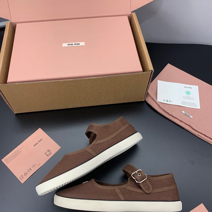 MIUMIU 26S MARY JANE FLATS IN DARK BROWN CANVAS LOGO