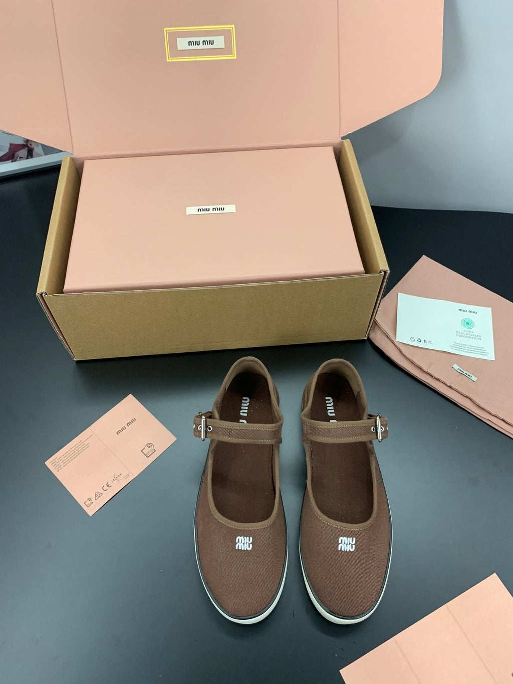 MIUMIU 26S MARY JANE FLATS IN DARK BROWN CANVAS LOGO