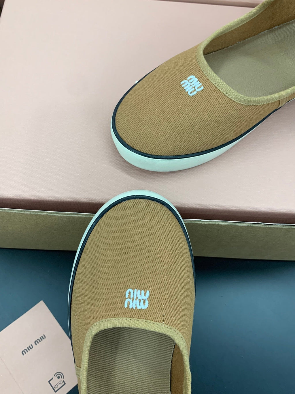 MIUMIU 26S MARY JANE FLATS IN CARAMEL BROWN CANVAS LOGO