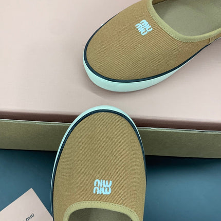 MIUMIU 26S MARY JANE FLATS IN CARAMEL BROWN CANVAS LOGO