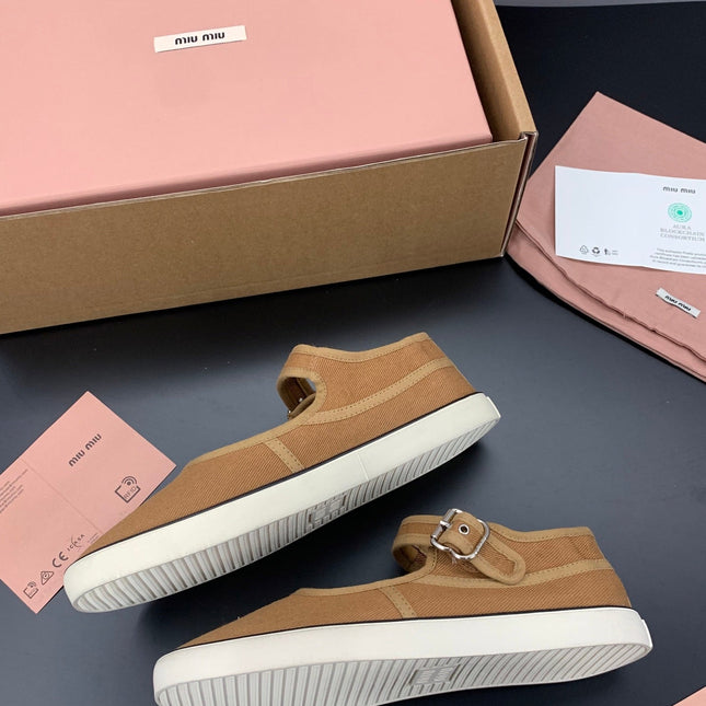 MIUMIU 26S MARY JANE FLATS IN CARAMEL BROWN CANVAS LOGO