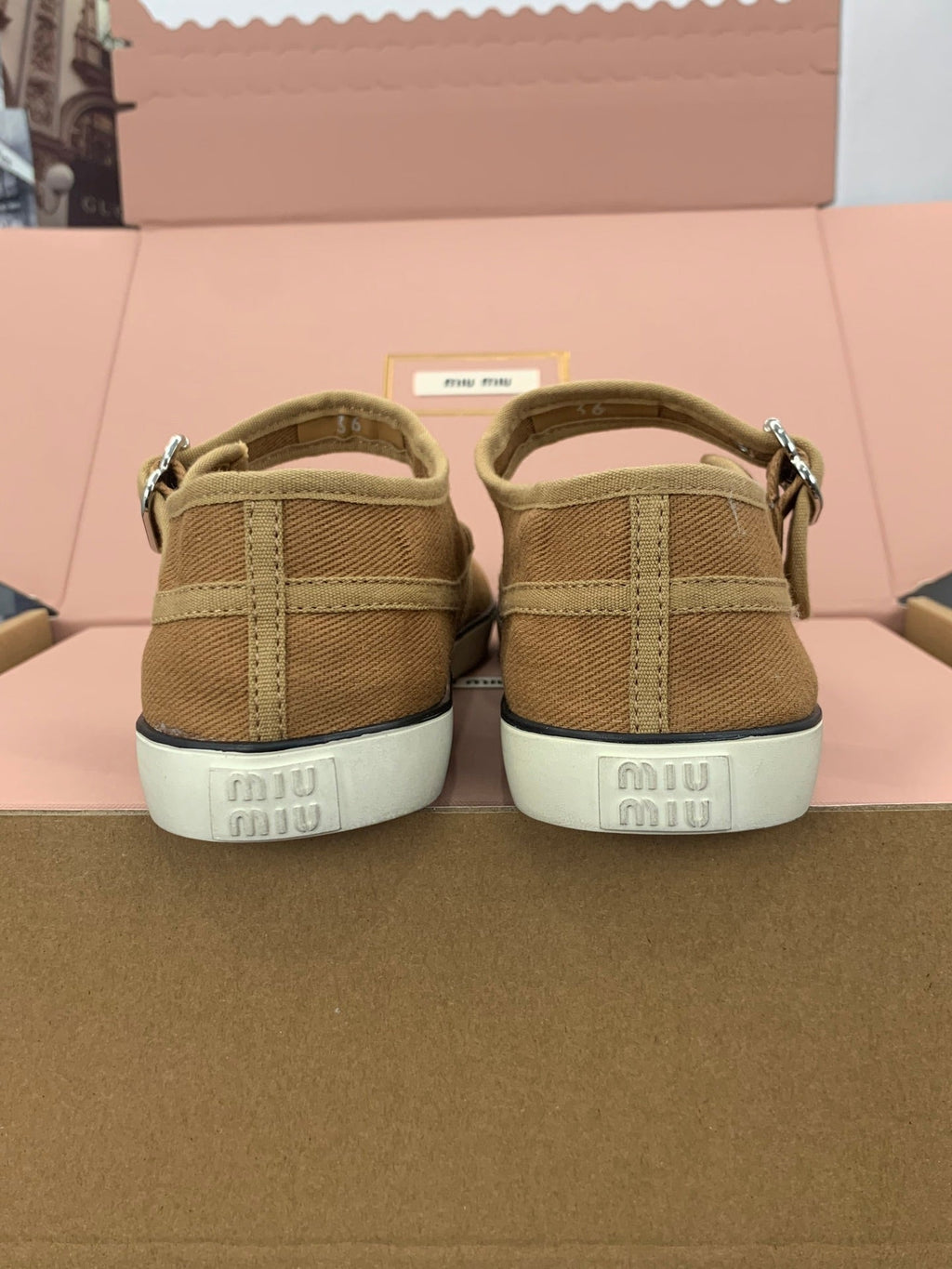 MIUMIU 26S MARY JANE FLATS IN CARAMEL BROWN CANVAS LOGO
