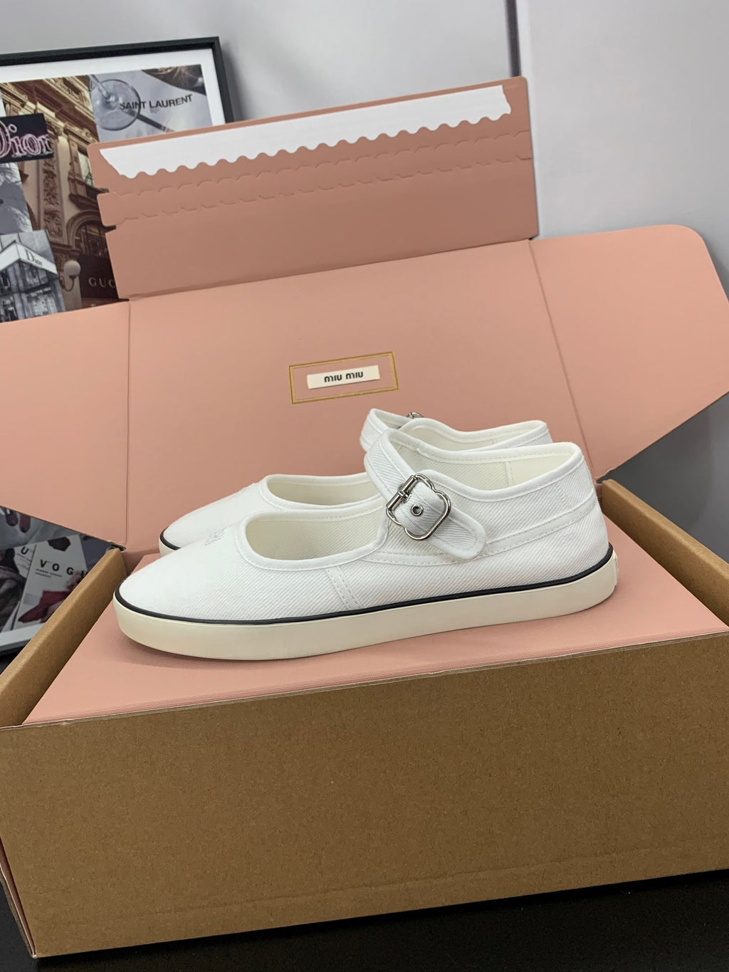 MIUMIU 26S MARY JANE FLATS IN WHITE CANVAS LOGO