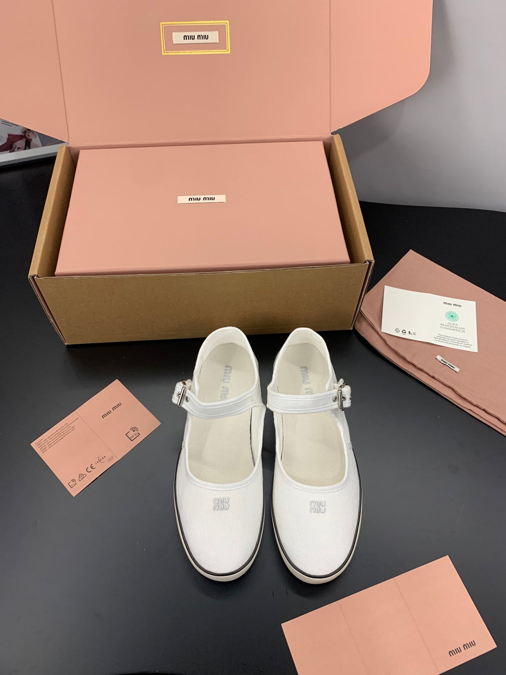 MIUMIU 26S MARY JANE FLATS IN WHITE CANVAS LOGO
