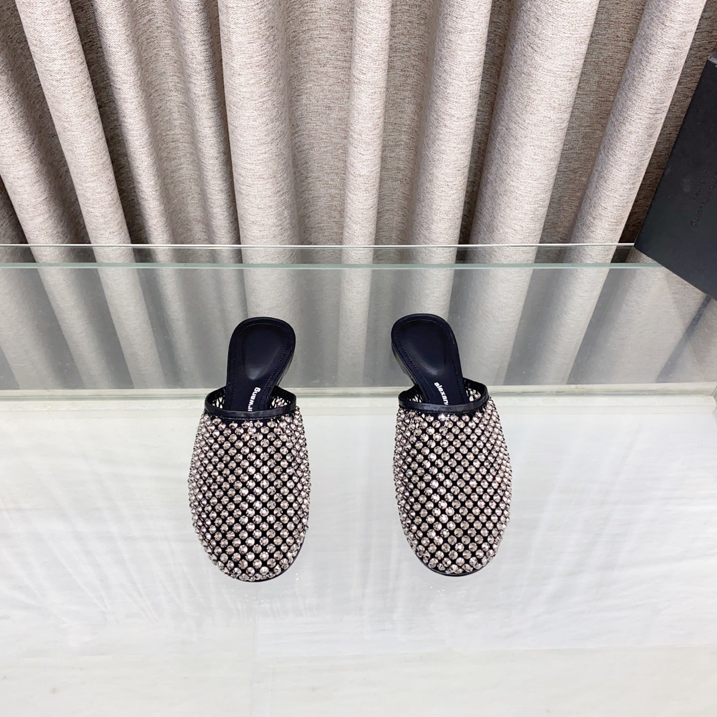 LIGHT BROWN CRYSTAL STUDDED FLAT MULE IN BLACK MESH UPPER