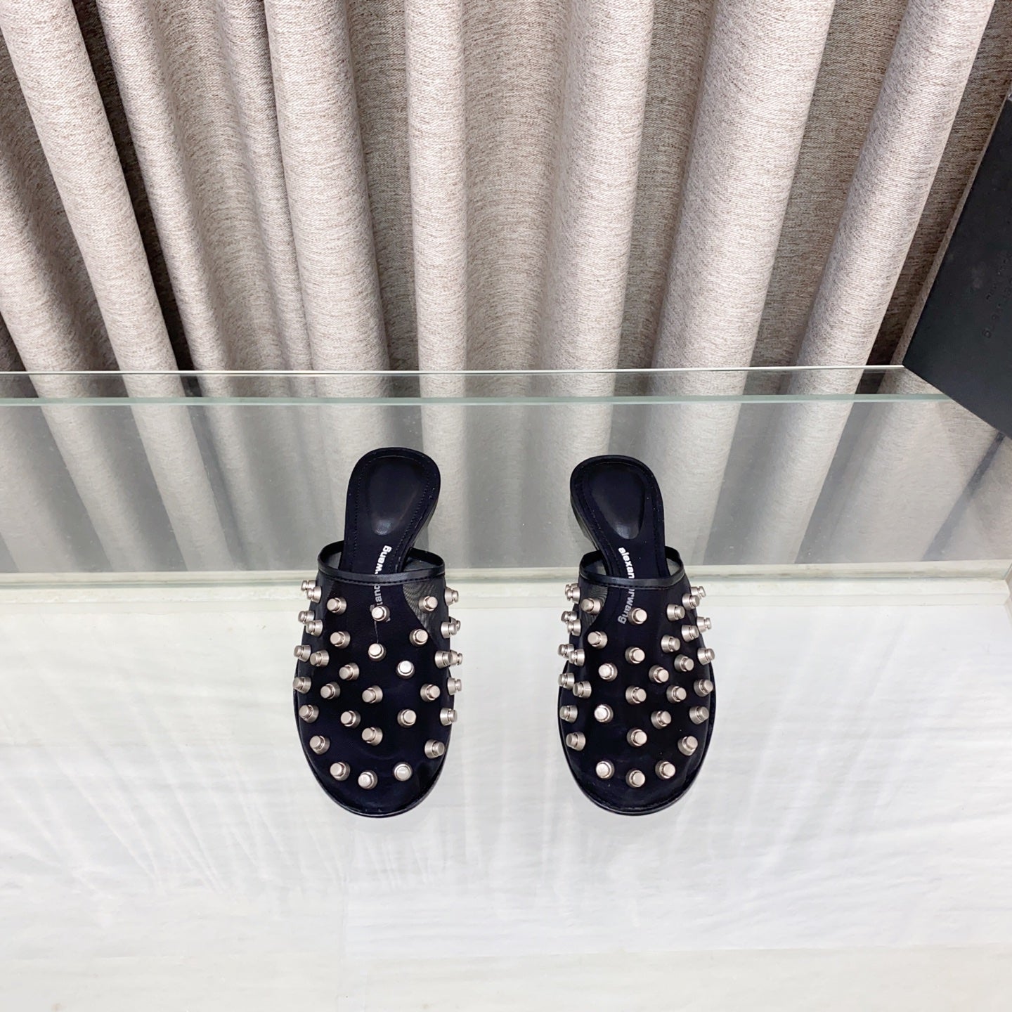 RHODES STUDDED FLAT MULE IN BLACK MESH UPPER