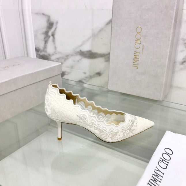 JIMMY CHOO 26S SCALLOPED LACE PUMP 65 MM IN WHITE FABRIC