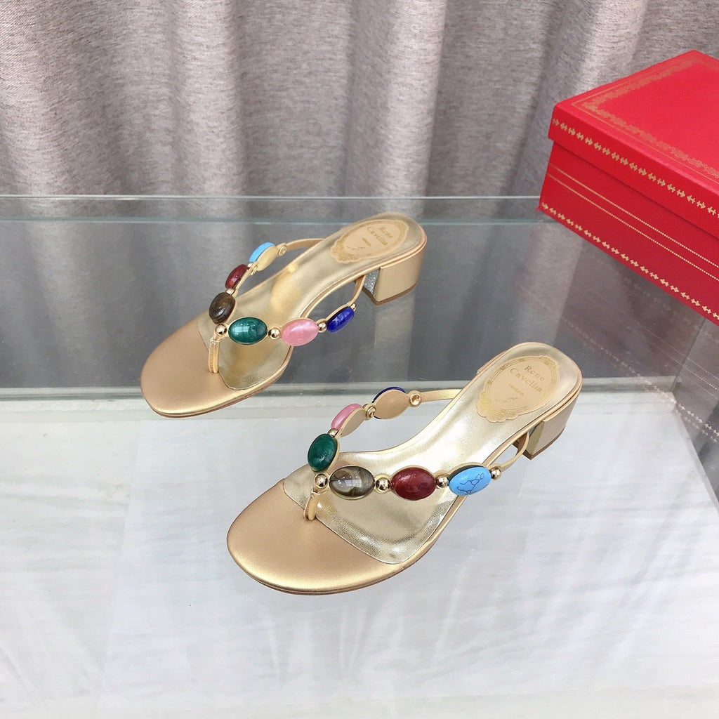 RENE CAOVILLA 26S THONG SANDALS 45 MM IN LIGHT GOLD LAMBSKIN