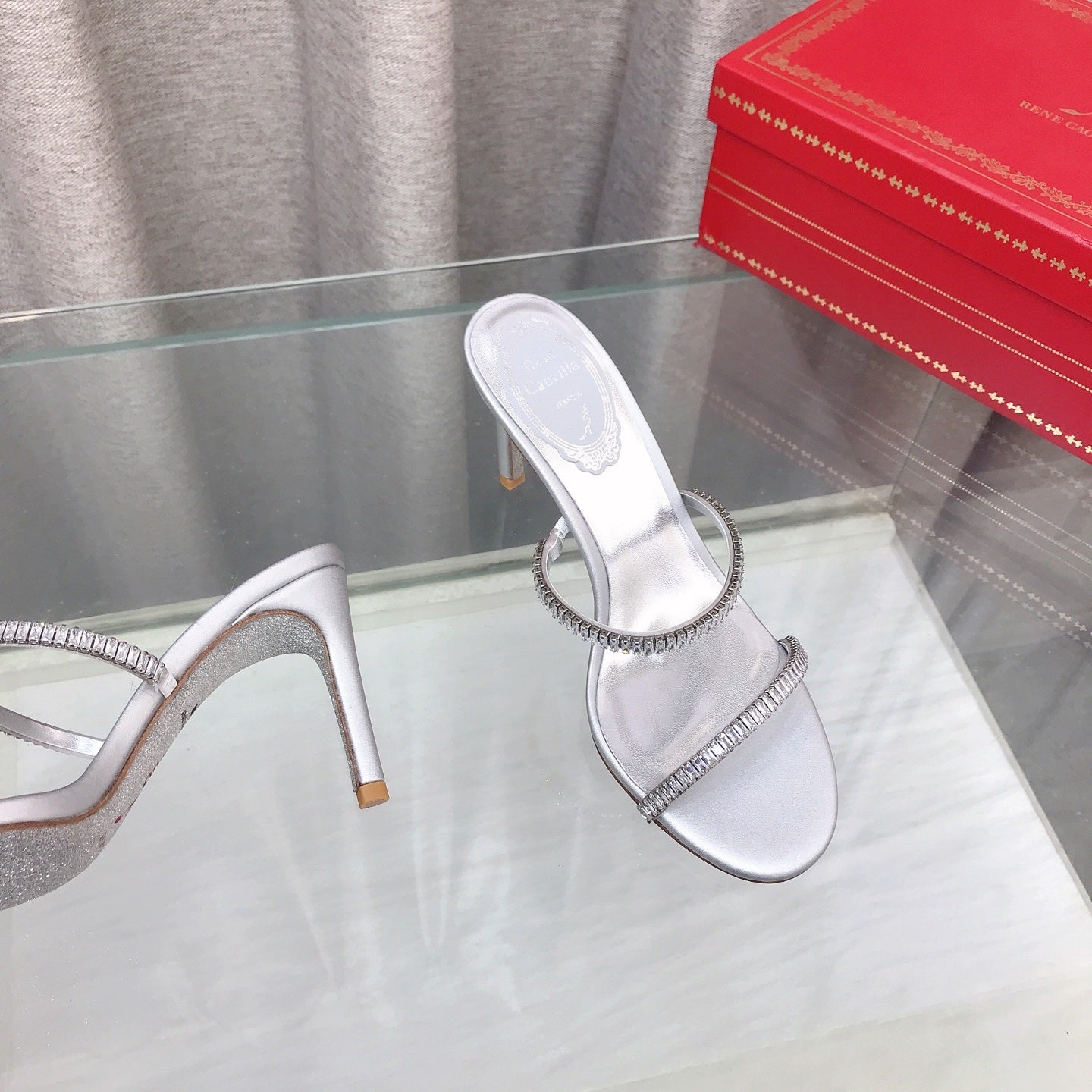 RENE CAOVILLA 26S HIGH-HEELED SANDALS 85 MM IN SILVER LAMBSKIN