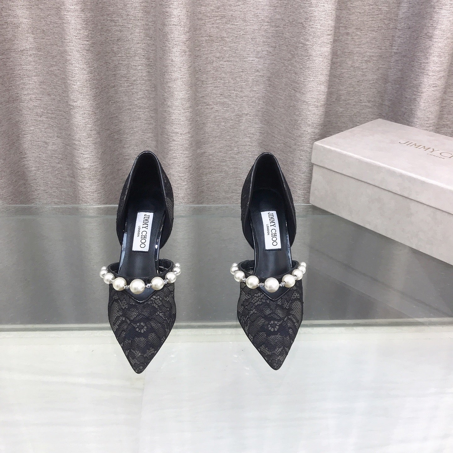 JIMMY CHOO 26S HIGH HEELS 85 MM IN BLACK LACE PEARL-EMBELLISHED