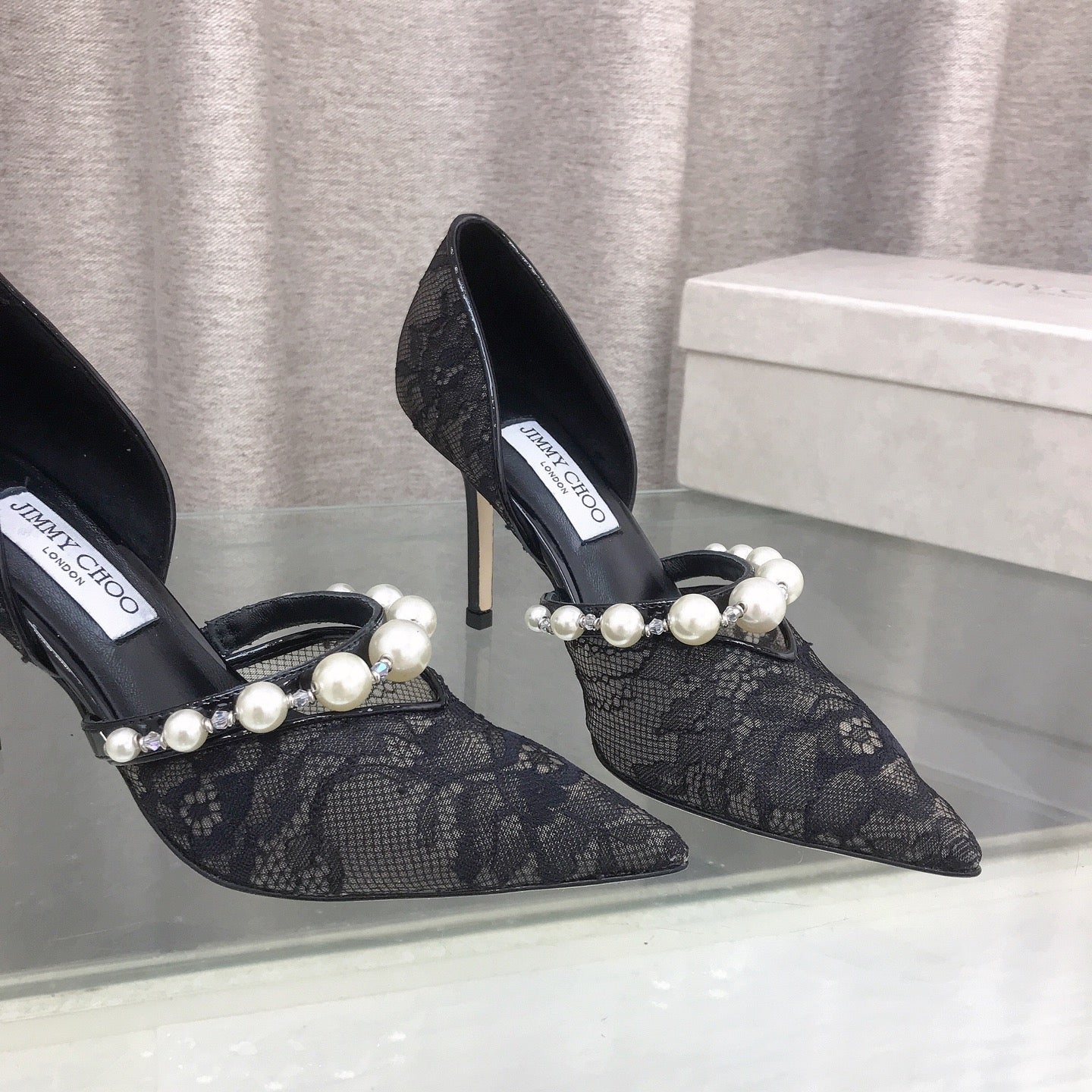 JIMMY CHOO 26S HIGH HEELS 85 MM IN BLACK LACE PEARL-EMBELLISHED