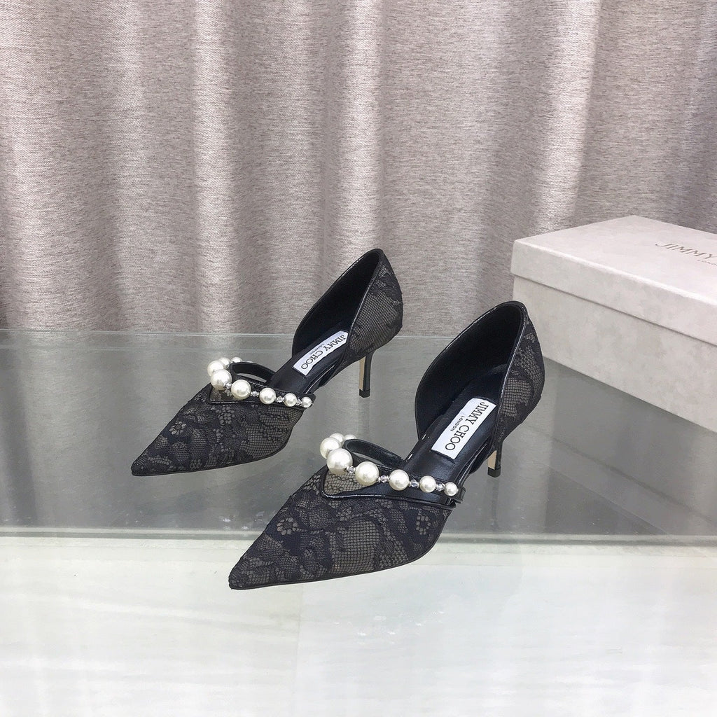 JIMMY CHOO 26S HIGH HEELS 65 MM IN BLACK LACE PEARL-EMBELLISHED