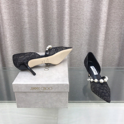 JIMMY CHOO 26S HIGH HEELS 65 MM IN BLACK LACE PEARL-EMBELLISHED