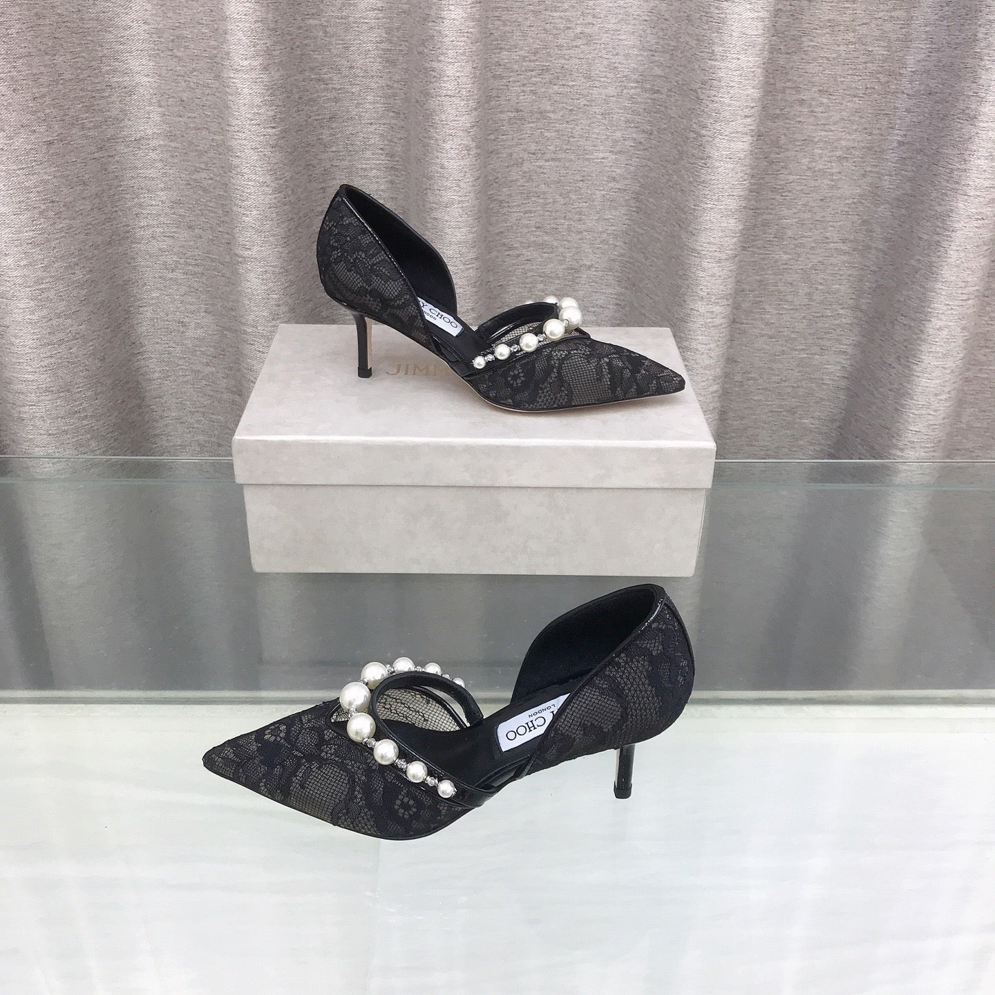 JIMMY CHOO 26S HIGH HEELS 65 MM IN BLACK LACE PEARL-EMBELLISHED