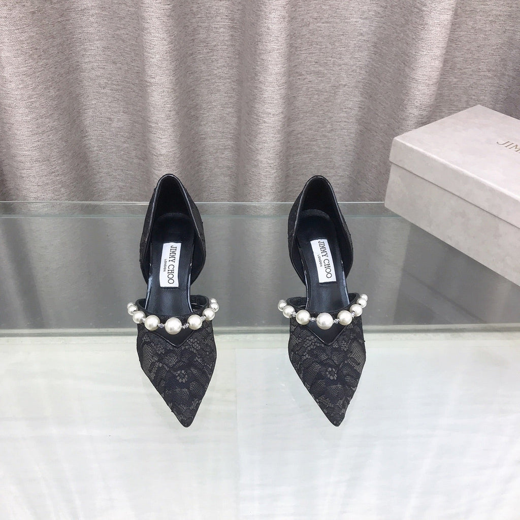 JIMMY CHOO 26S HIGH HEELS 65 MM IN BLACK LACE PEARL-EMBELLISHED