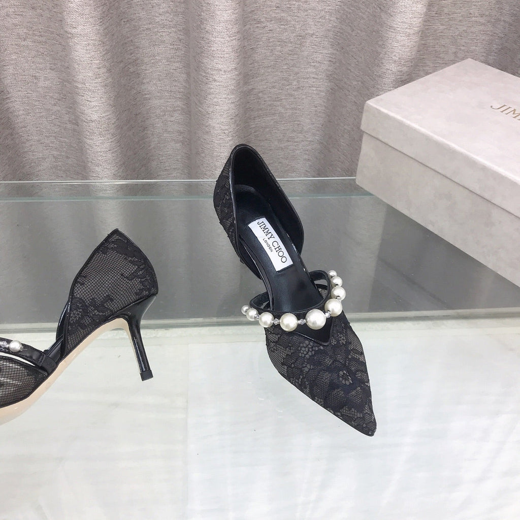 JIMMY CHOO 26S HIGH HEELS 65 MM IN BLACK LACE PEARL-EMBELLISHED