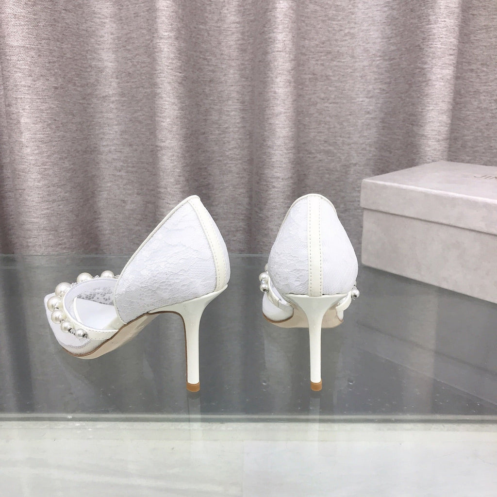 JIMMY CHOO 26S HIGH HEELS 85 MM IN WHITE LACE PEARL-EMBELLISHED