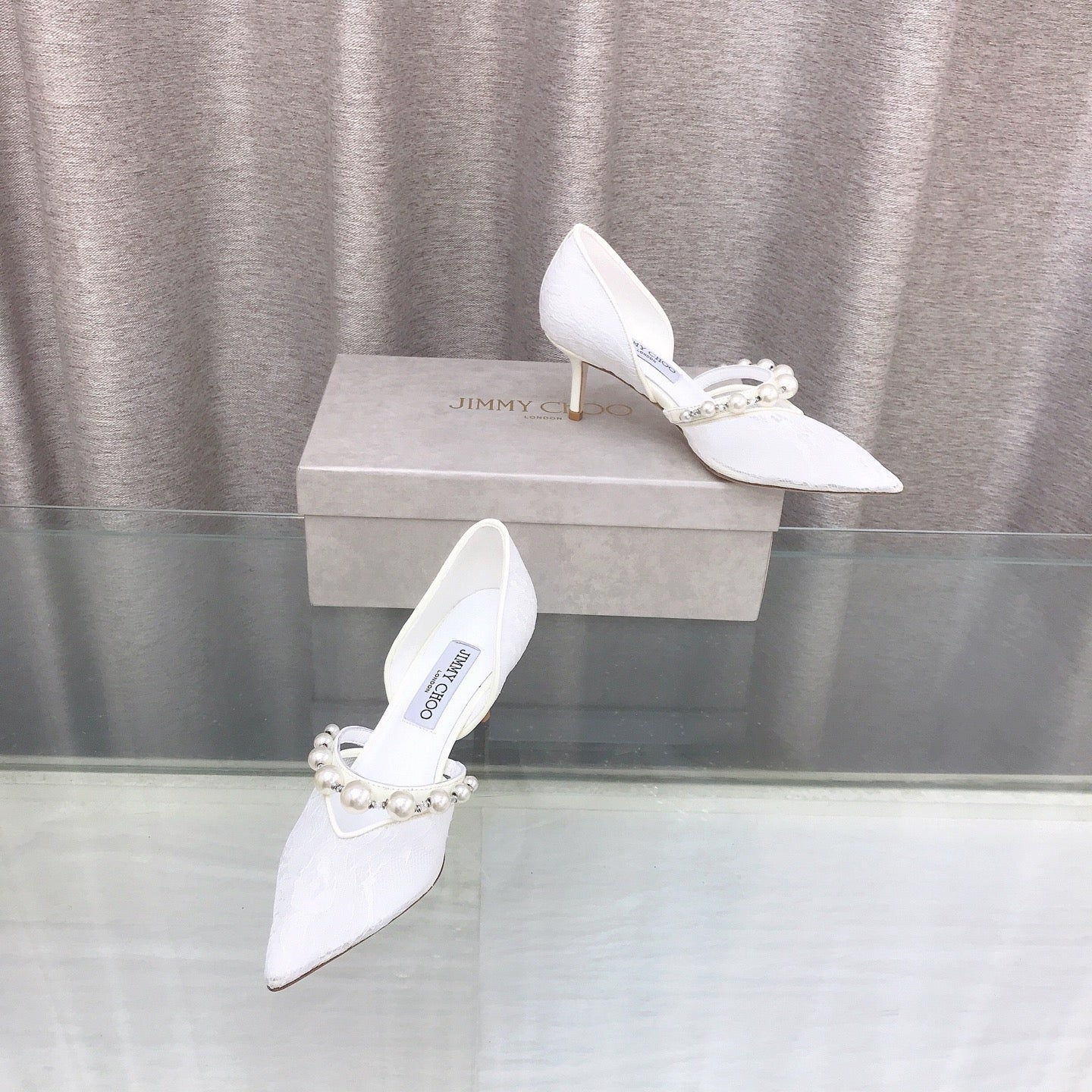 JIMMY CHOO 26S HIGH HEELS 65 MM IN WHITE LACE PEARL-EMBELLISHED