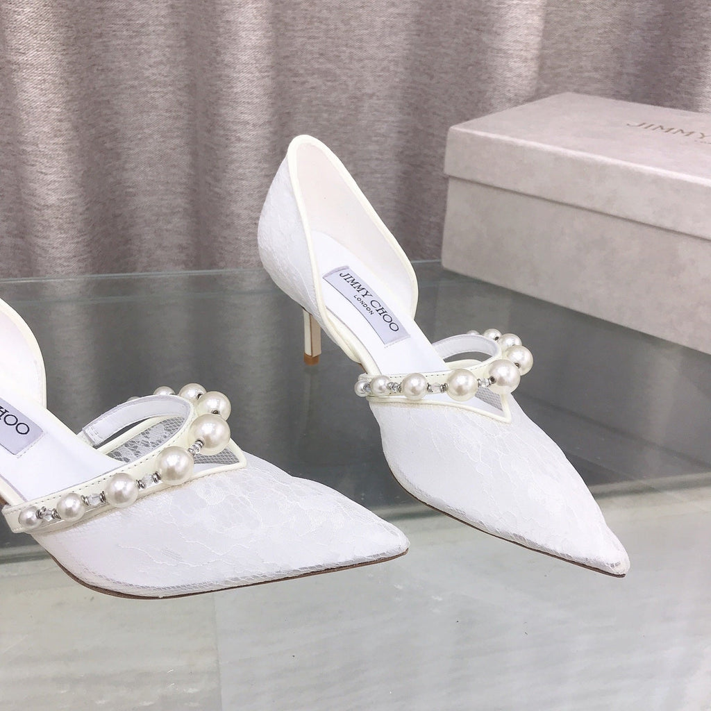 JIMMY CHOO 26S HIGH HEELS 65 MM IN WHITE LACE PEARL-EMBELLISHED