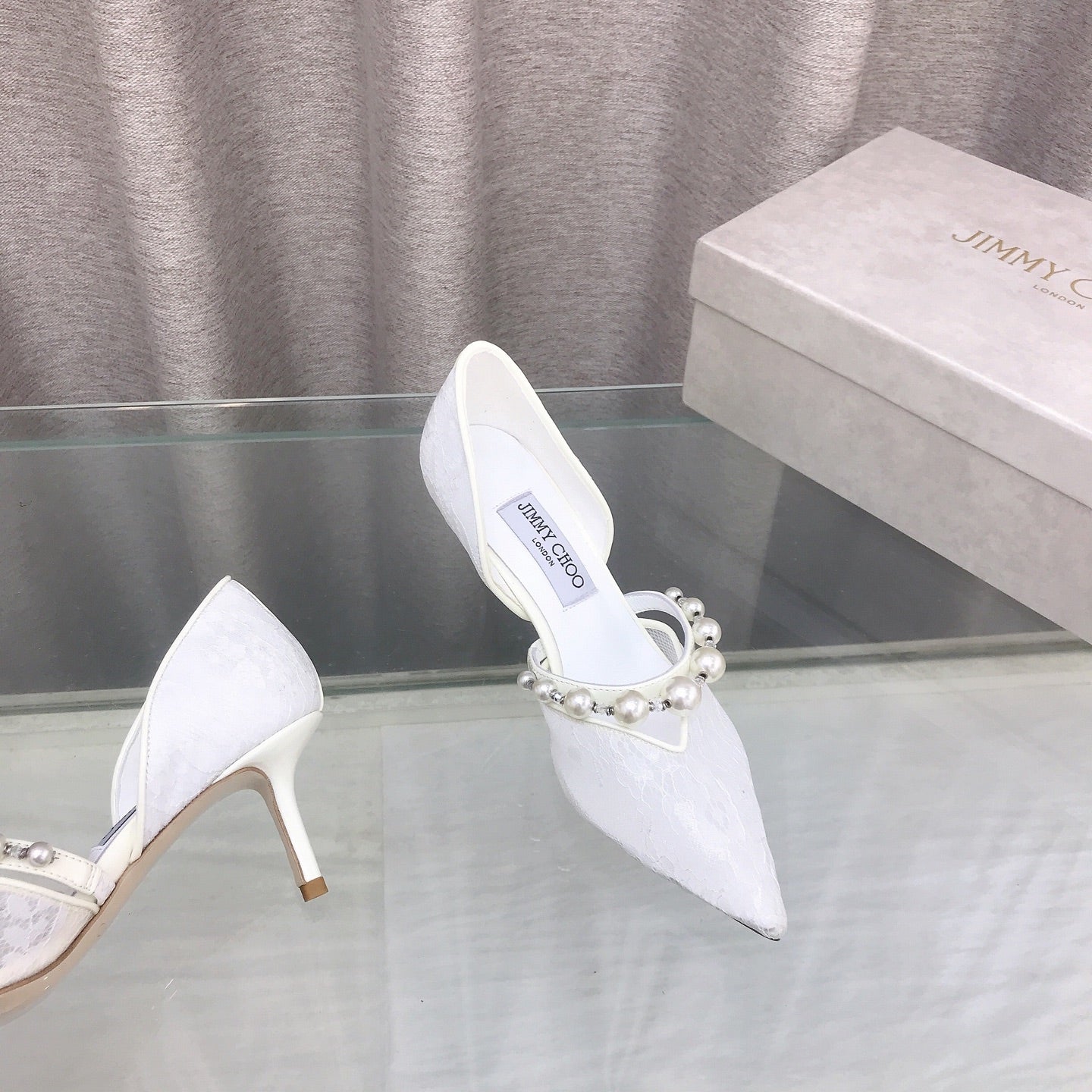JIMMY CHOO 26S HIGH HEELS 65 MM IN WHITE LACE PEARL-EMBELLISHED