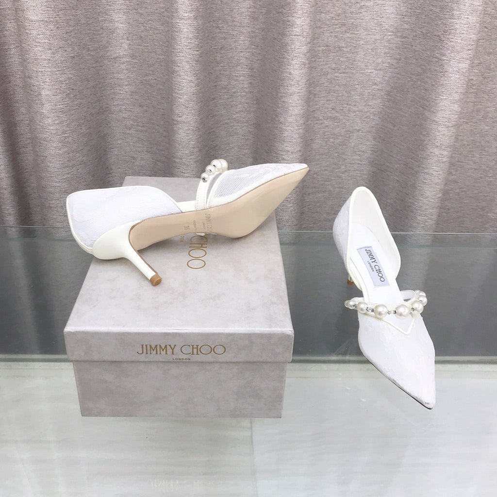 JIMMY CHOO 26S HIGH HEELS 65 MM IN WHITE LACE PEARL-EMBELLISHED