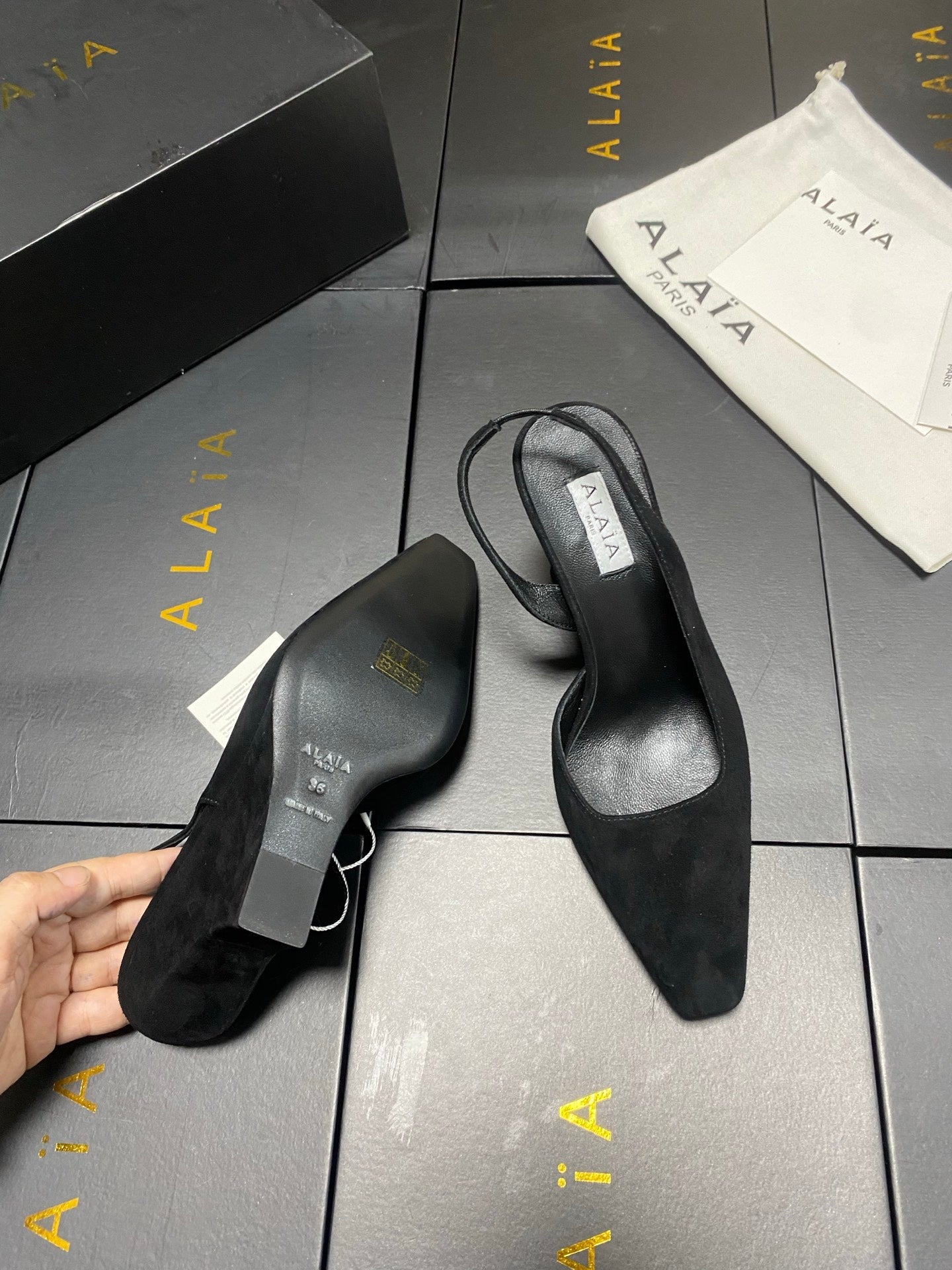 ALAIA 26S WEDGE SLINGBACKS 95 MM IN BLACK SUEDE