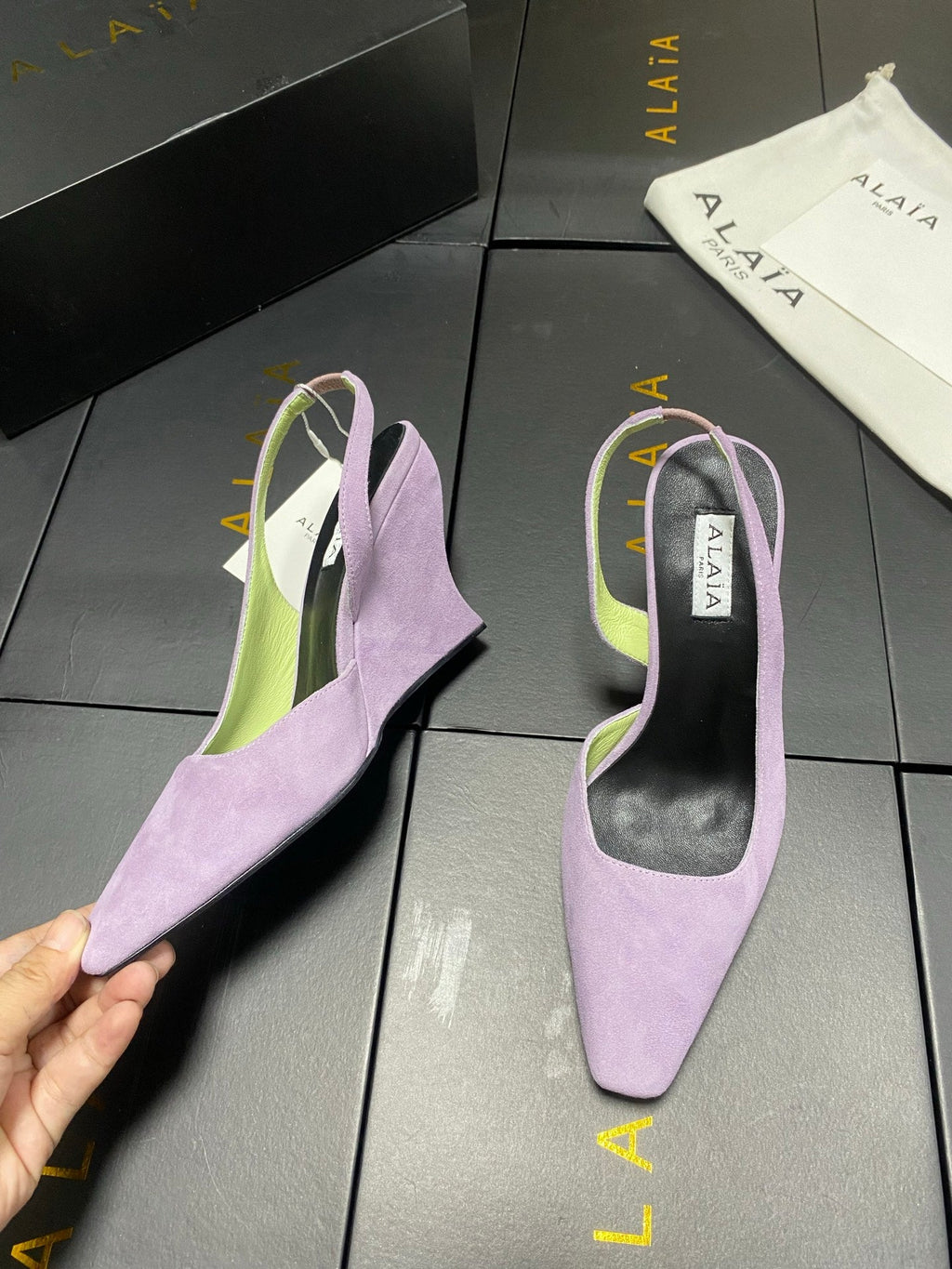 ALAIA 26S WEDGE SLINGBACKS 95 MM IN PASTEL PURPLE SUEDE